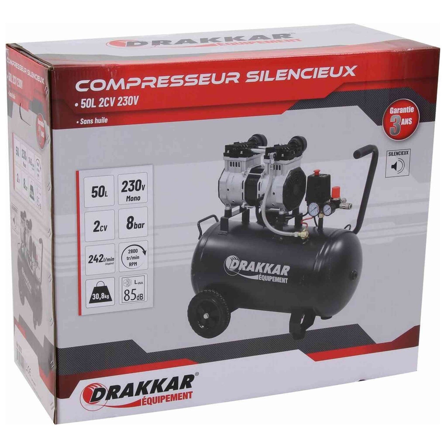 COMPRESSEUR SILENCIEUX 50L 8 BARS 2CV - SANS HUILE
