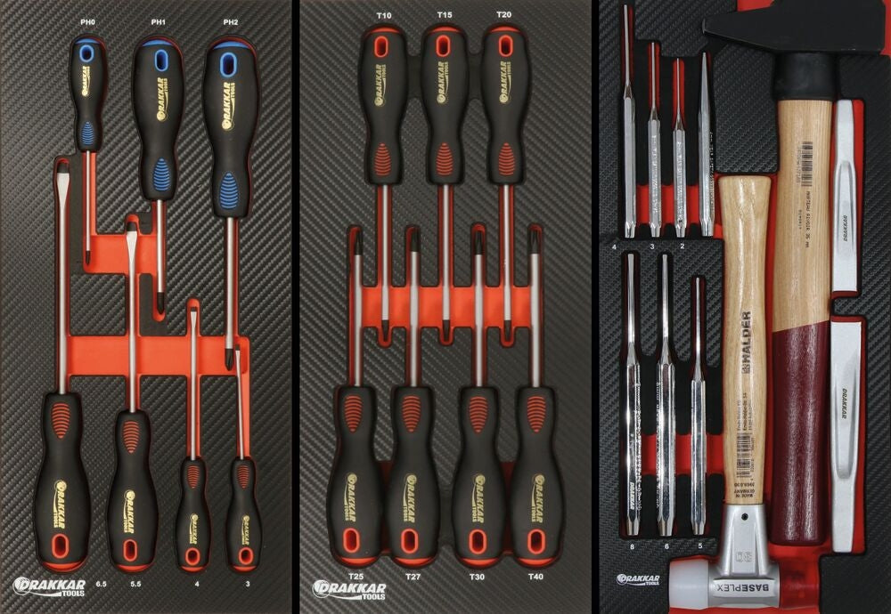 Servante d'atelier 7 tiroirs composée de 187 outils - modules finition carbone