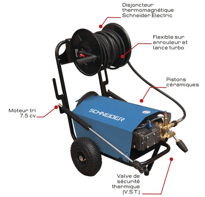 Nettoyeur HP eau froide 380V 15 l/min 200 bar avec enrouleur de flexible 20m et lance turbo