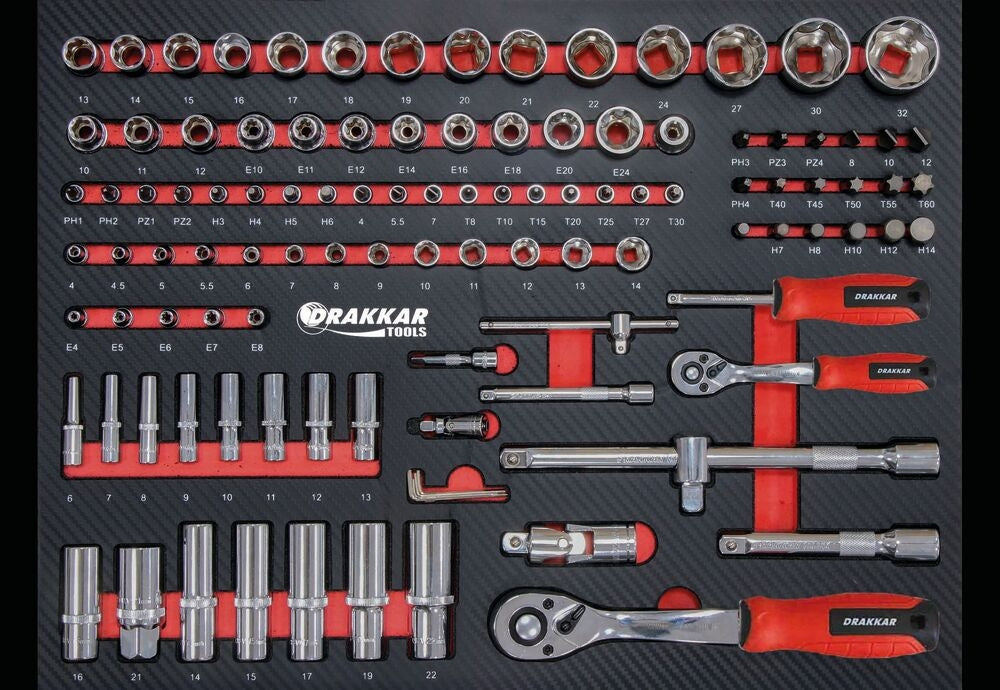 Servante d'atelier 10 tiroirs composée de 176 outils - modules finition carbone
