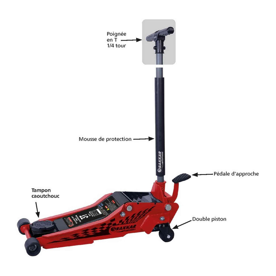 CRIC ROULEUR 3T PROFIL BAS DOUBLE PISTON - LONGUEUR 772MM - AVEC PEDALE