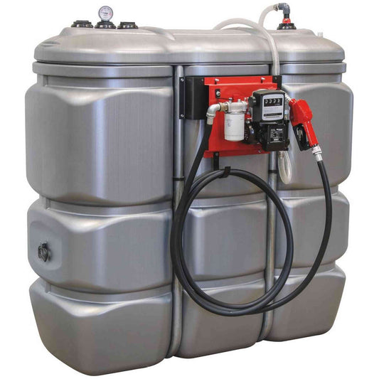 Cuve de stockage DRAKKAR gasoil PEHD 1500L double paroi avec station à gasoil 230V 60 l/min et pistolet automatique/compteur/filtre