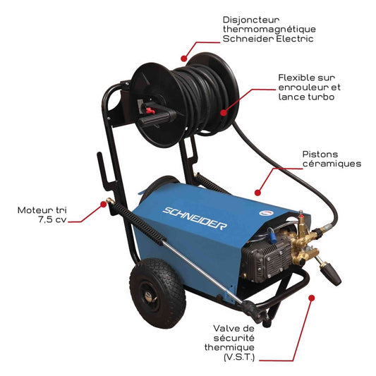 Nettoyeur HP eau froide 380V 15 l/min 200 bar avec enrouleur de flexible 20m et lance turbo