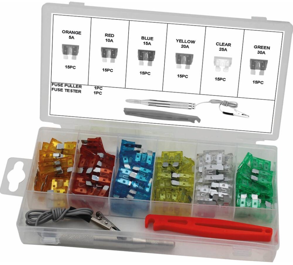 Assortiment 90 fusibles enfichables standards + 1 testeur + 1 pince
