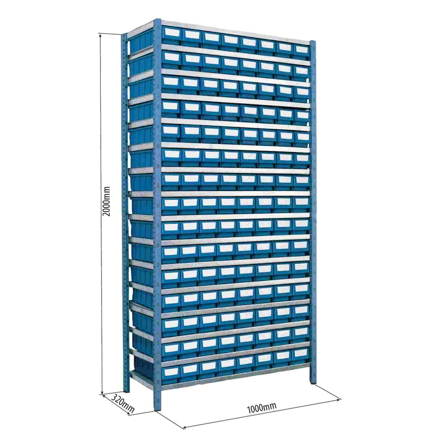 Etagère avec 120 boîtes à bec et 360 séparations 2000x1000x320mm