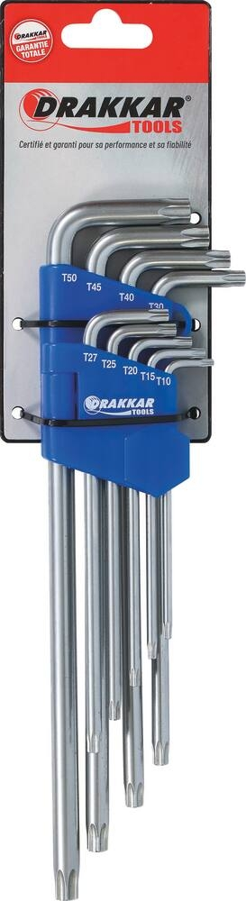 Clé mâle coudée Torx® extra longue alésée de T10 à T50 - étui pivotant de 9 pcs sur carte