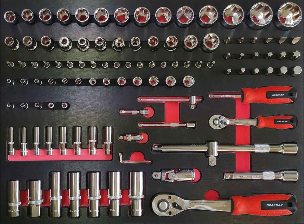 Module mousse 534x395mm métal douilles 1/4" et 1/2" - 110 pcs